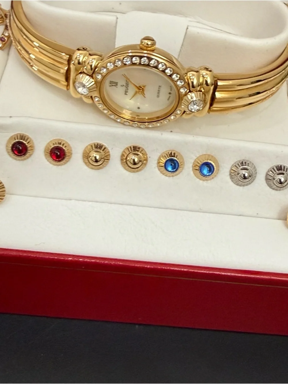 Vintage PEUGEOT Gold-tone Interchangeable Bezels & Studs Rhinestones Watch - Picture 9 of 13